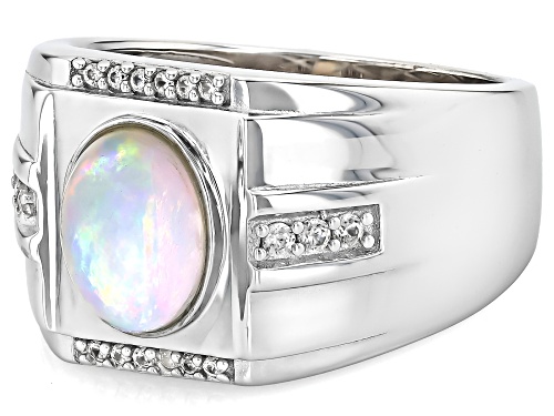 Ethiopian Opal Oval 9x7mm and White Zircon Rhodium Over Sterling Silver Men's Ring 1.23ctw - Size 11