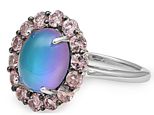 Aurora Moonstone Oval 10x8mm And Color Shift Garnet Rhodium Over Sterling Silver Halo Ring 3.83ctw - Size 7