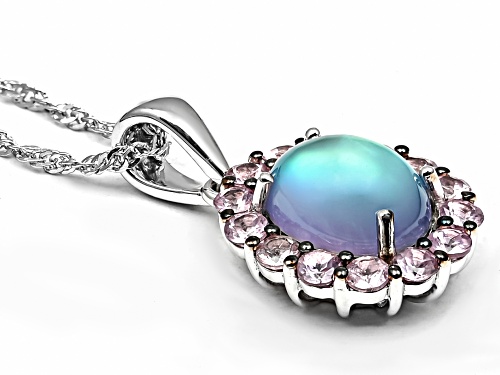 Aurora Moonstone Oval 10x8mm And Garnet Rhodium Over Sterling Silver Pendant with Chain 3.83ctw