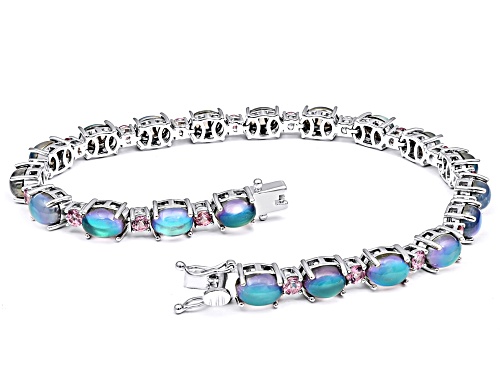 Aurora Moonstone Oval 7x5mm And Color Shift Garnet Rhodium Over Sterling Silver Bracelet 17.68ctw - Size 8