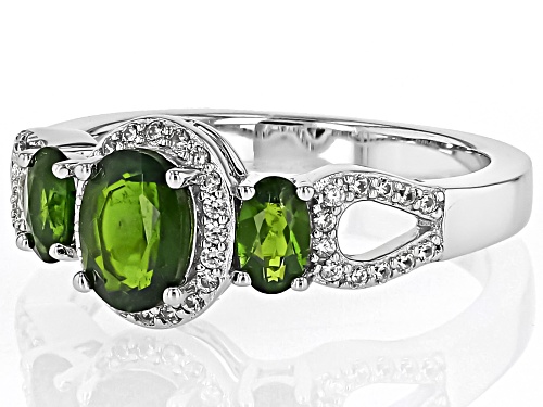 Chrome Diopside Oval 7x5mm and White Zircon Rhodium Over Sterling Silver Ring 1.48ctw - Size 7