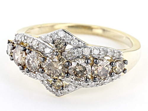 1.20ctw Round Champagne And White Diamond 10k Yellow Gold Band Ring - Size 7