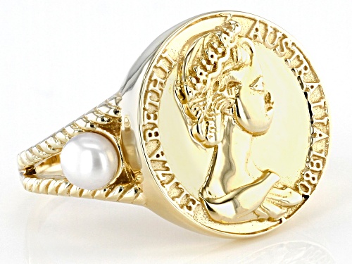 Australian Style™ Coin Replica With Cultured Freshwater Pearl 18k Yellow Gold Over Silver Ring - Size 11