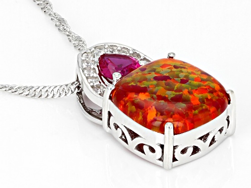 12mm Cushion Lab Opal, 0.46ct Lab Ruby, And 0.11ctw Lab Sapphire Rhodium Over Silver Pendant Chain