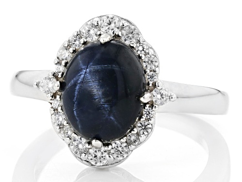 10x8mm Oval Star Blue Sapphire With 0.39ctw White Zircon Rhodium Over Sterling Silver Ring - Size 9