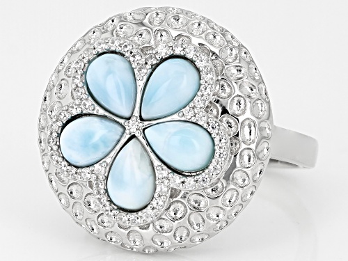 6x4mm Pear shape Larimar And 0.21ctw White Zircon Rhodium Over Sterling Silver Seashell Ring - Size 8