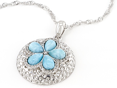 6x4mm Pear Shape Larimar And 0.21ctw White Zircon Rhodium Over Silver Pendant With Chain