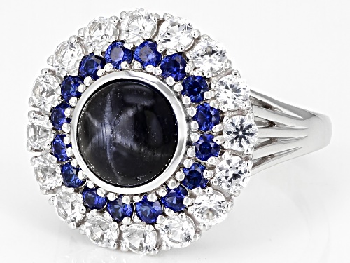 2.55ct Star Sapphire With 1.79ctw Lab Blue & Lab White Sapphire Rhodium Over Silver Ring - Size 8
