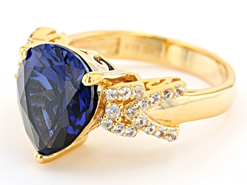 4.25ct Pear Lab Blue Sapphire With 0.18ctw Lab White Sapphire 18k Yellow Gold Over Silver Ring - Size 9