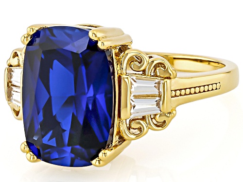 7.06ct Lab Created Blue Sapphire With 0.68ctw Lab White Sapphire 18K Yellow Gold Over Silver Ring - Size 10