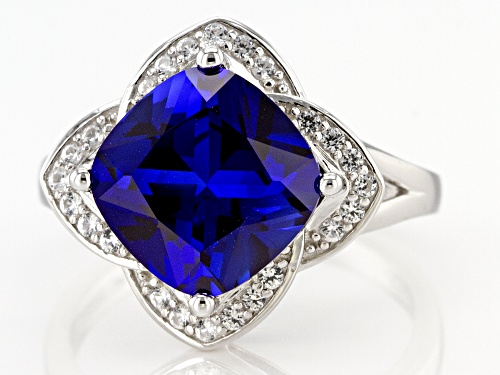 4.38ct Lab Created Blue Sapphire With 0.24ctw Lab Created White Sapphire Rhodium Over Silver Ring - Size 7