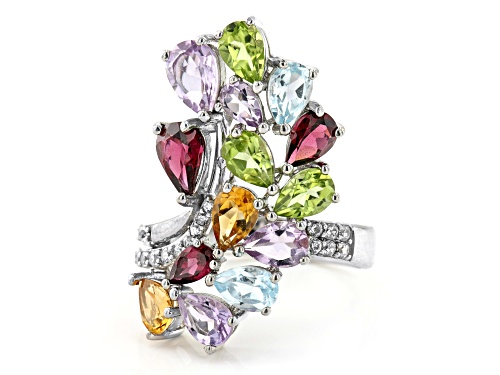5.49ctw Pear shape Multi-Gem With 0.42ctw Round White Zircon Rhodium Over Sterling Silver Ring - Size 9