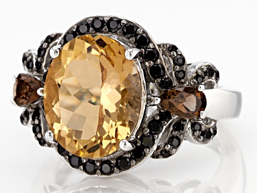 3.75ct Oval Champagne Quartz, 0.60ctw Smoky Quartz & Black Spinel Rhodium Over Sterling Silver Ring - Size 7