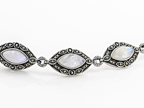 12x6mm Marquise Rainbow Moonstone With Round Marcasite Rhodium Over Sterling Silver Bracelet - Size 8