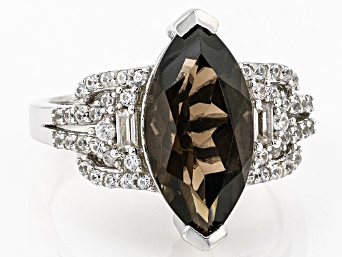 3.45ct Smoky Quartz With 0.51ctw White Zircon Rhodium Over Sterling Silver Ring - Size 10