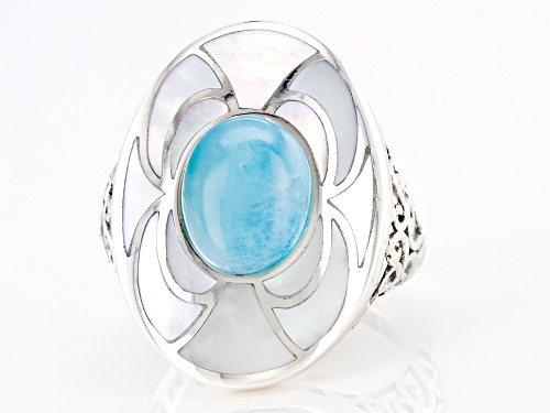10x8mm Oval Cabochon Larimar and Free-form Mother-of-Pearl Sterling Silver Ring - Size 6