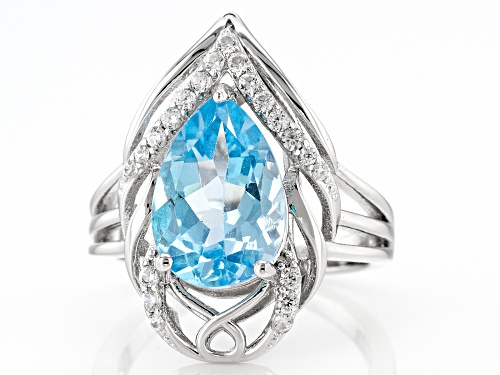 3.60ct Pear Glacier Topaz™ And 0.07ctw White Zircon Rhodium Over Sterling Silver Ring - Size 8