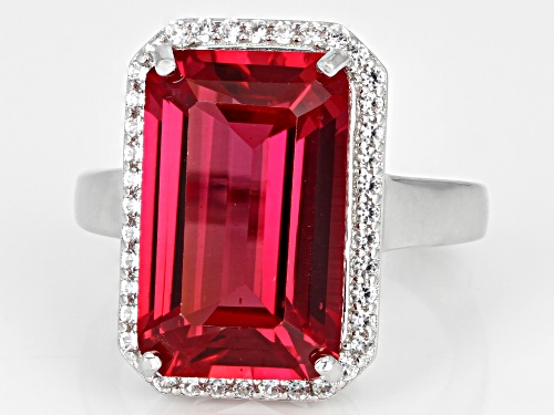 6.90ct Lab Padparadscha Sapphire With 0.30ctw Lab White Sapphire Rhodium Over Silver Ring - Size 9