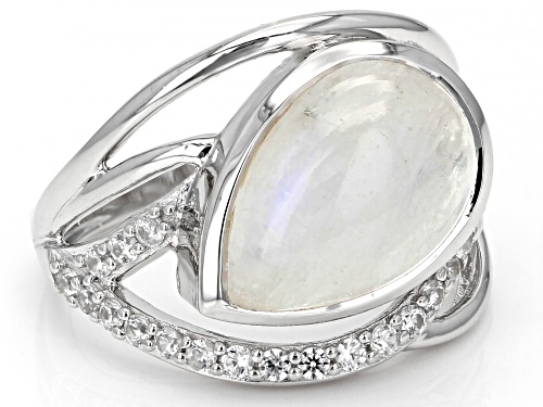 14x10mm Pear shaped Rainbow Moonstone And 0.51ctw White Zircon Rhodium Over Silver Ring - Size 8