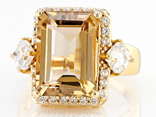 6.04ct Champagne Quartz With 1.23ctw Crystal Quartz & White Zircon 18K Yellow Gold Over Silver Ring - Size 10