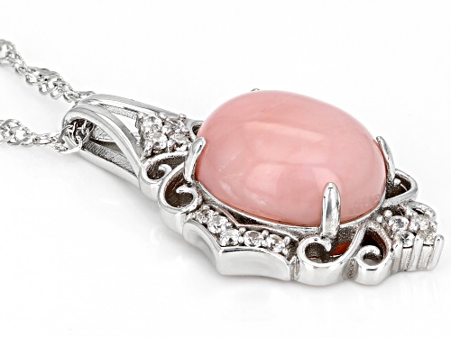 12x10mm Oval Cabochon Pink Opal With 0.15ctw White Zircon Rhodium Over Silver Pendant Chain