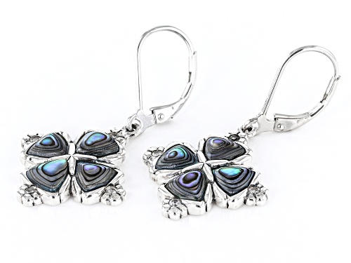 6mm Abalone Shell With 0.27ctw Round White Zircon Rhodium Over Sterling Silver Dangle Earrings.