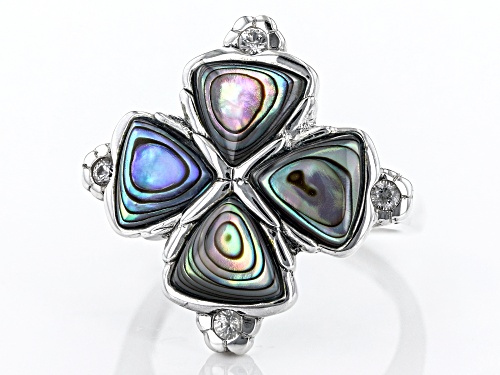 7mm Abalone Shell With 0.20ctw Round White Zircon Rhodium Over Sterling Silver Ring - Size 9