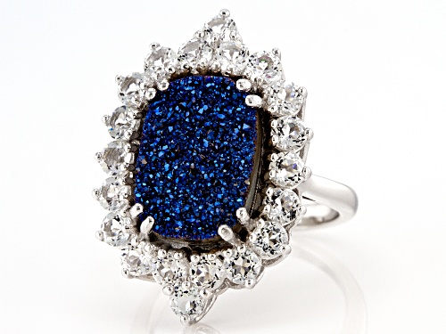 14x10mm Cushion Blue Drusy Quartz And 2.55ctw Round White Topaz Rhodium Over Sterling Silver Ring - Size 7
