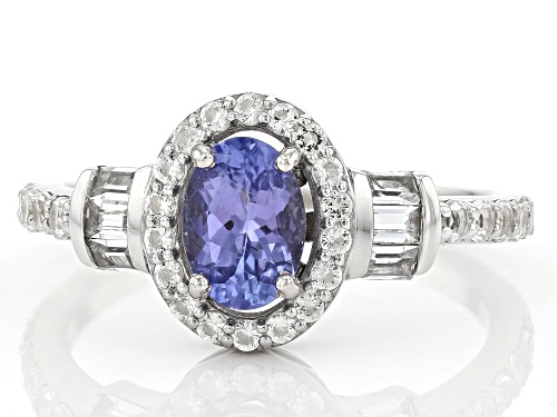 0.64ct Oval Tanzanite With 0.66ctw Baguette & Round White Topaz Rhodium Over Sterling Silver Ring - Size 9