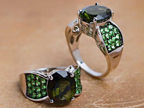 3.00ct Oval Moldavite With .80ctw Round Mint Tsavorite Rhodium Over Sterling Silver Ring - Size 10