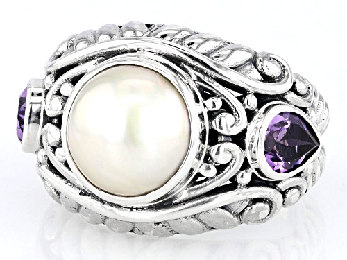 Artisan Collection of Bali™ 10.5-11.5mm White Cultured Mabe Pearl & 1.10ctw Amethyst Silver Ring - Size 12