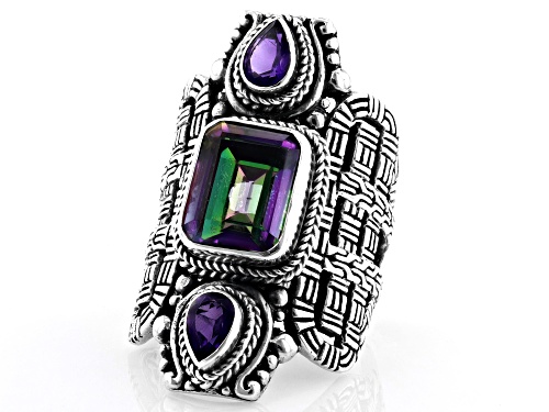 Artisan Collection of Bali™ 3.49ct Magic Green™ Quartz &  Amethyst Sterling Silver 3-Stone Ring - Size 6