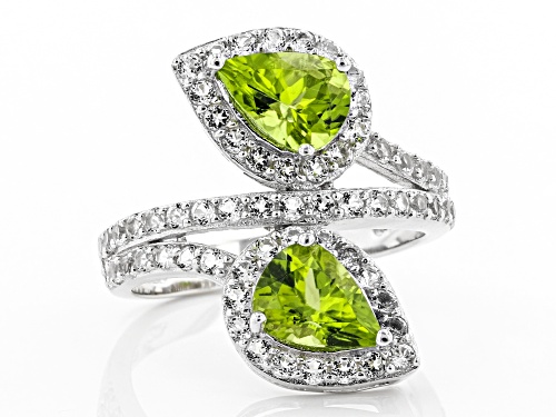 1.87ctw Pear Shape Peridot Wtih 1.06ctw Round White Topaz Sterling Silver Bypass Ring - Size 8