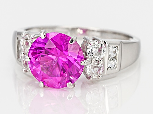 2.85ct Round Lab Created Pink Sapphire With .62ctw White Topaz Sterling Silver Ring - Size 12