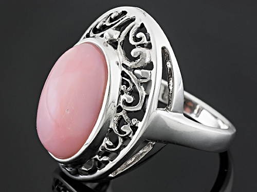 15x10mm Oval Cabochon Peruvian Pink Opal Rhodium Over Sterling Silver Ring - Size 7