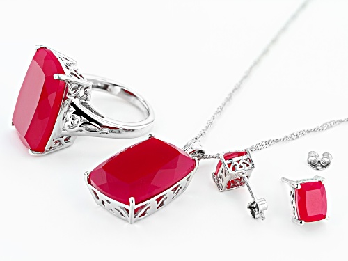 20x14mm & 8x6mm Cushion Pink Onyx Rhodium Over Silver Ring, Earrings & Pendant W/Chain Set