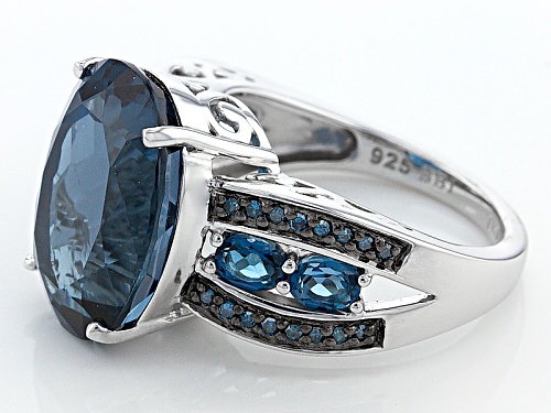 11.27ctw Oval London Blue Topaz With .15ctw Round Blue Diamond Sterling Silver Ring - Size 5