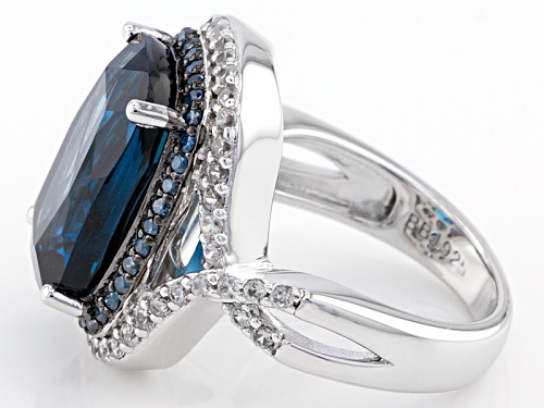 6.86ct Rectangular Cushion London Blue Topaz, .23ctw Blue Diamond, .60ctw White Zircon Silver Ring - Size 12