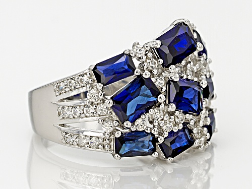 3.57ctw Emerald Cut Lab Created Blue Sapphire With .79ctw Round White Zircon Silver Ring - Size 6
