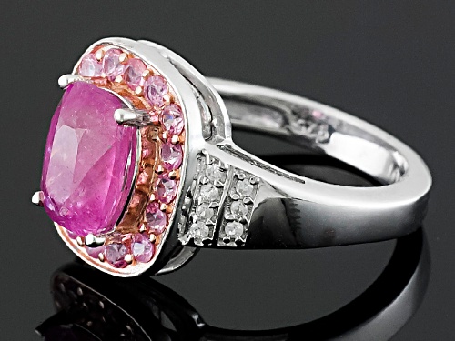 2.08ctw Rectangular Cushion & Round Pink Mahaleo® Sapphire, .08ctw Round White Zircon Silver Ring - Size 11