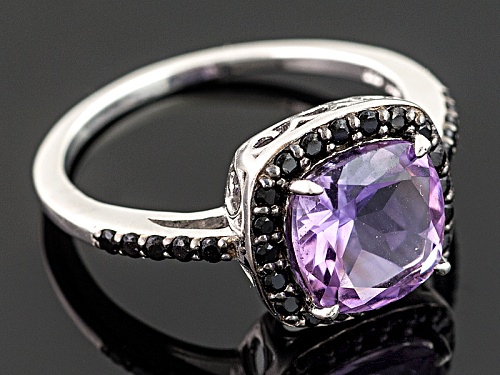 2.10ct Square Cushion Amethyst With .39ctw Round Black Spinel Rhodium Over Sterling Silver Ring - Size 9