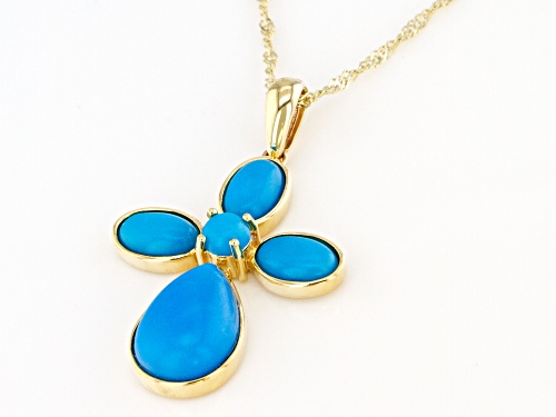 Oval, Pear Shape and Round Sleeping Beauty Turquoise 10k Yellow Gold Cross Pendant W/Chain