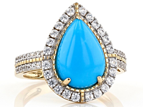 13x9mm Pear Shape Sleeping Beauty Turquoise With .78ctw Round White Zircon 10k Yellow Gold Ring - Size 8