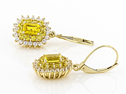 2.38ctw Emerald Cut & Round Yellow Sapphire With .85ctw White Zircon 10k Yellow Gold Earrings