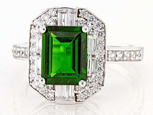 2.90ctw Emerald Cut Chrome Diopside, Baguette & Round White Zircon Rhodium Over 10k White Gold Ring - Size 8
