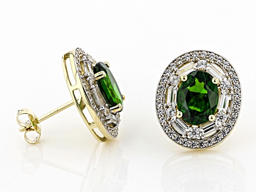 2.38ctw Oval Russian Chrome Diopside, 1.19ctw Baguette & Round White Zircon 10k Gold Stud Earrings