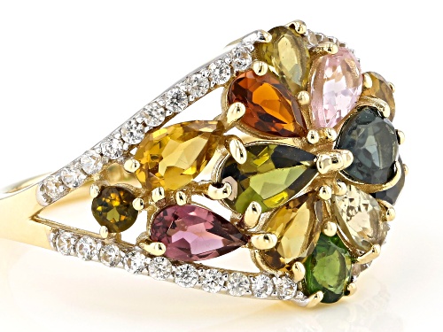 2.39ctw Pear Shape & Round Mixed-Color Tourmaline With .58ctw White Zircon 10k Yellow Gold Ring - Size 6