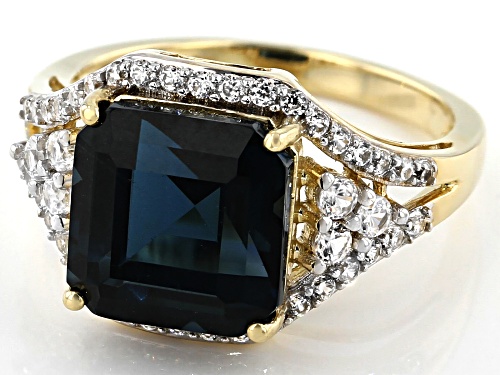 4.62ct Square Octagonal London Blue Topaz With .89ctw Round White Zircon 10k Yellow Gold Ring - Size 6
