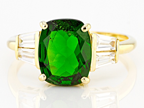 3.05ct Rectangular Cushion Chrome Diopside With .56ctw Baguette White Zircon 10k Yellow Gold Ring - Size 6