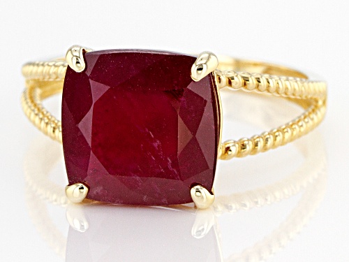 6.15ct Square Cushion Mahaleo® Ruby Solitaire, 10k Yellow Gold Ring - Size 6